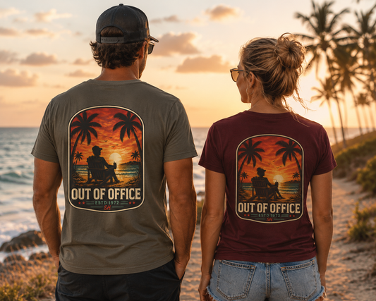 Out of Office Beach Sunset Graphic T-Shirt | Coastal Lifestyle Apparel by Salty Huevos