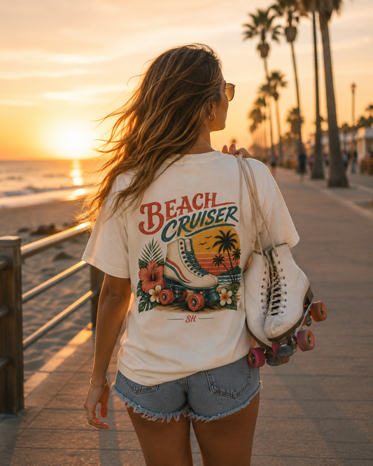 Salty Huevos Beach Cruiser T-Shirt | Retro Roller Skate Beach Graphic Tee | Coastal Summer Lifestyle Shirt