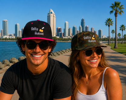 Salty Huevos Flat Bill Snapback Embroidered Hat (white)